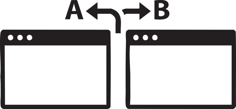 A/B Testing Browser Windows with Split Arrow Comparison Silhouettes isolated on white background