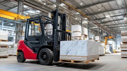 43Industrial forklift stacking marble slabs with precision, fine stone details sharply rendered, warehouse ambience with shadows, high ceilings, and structural beams - Powered by Adobe