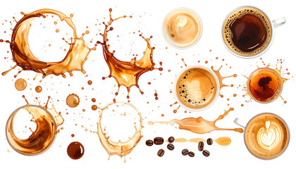 Overhead view of coffee cups, spills, stains, and scattered beans on black