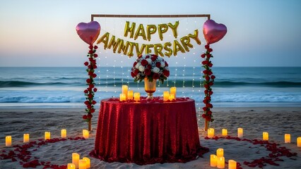 Romantic seaside anniversary celebration setup featuring shimmering red linens a large rose bouquet and glowing candlelight arrangements on the sand at dusk