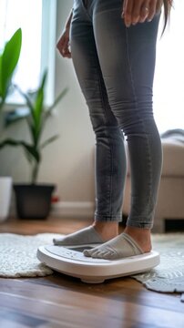 A woman stands on a scale in her living room, focusing on her weight