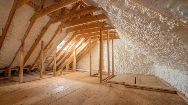 Medium shot of spray foam insulation expanding inside attic rafters sealing gaps for improved heat retention and energy savings