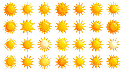 Collection of stylized yellow sun icons with various ray shapes and circular centers