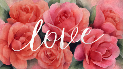 Watercolor Roses with Love Text