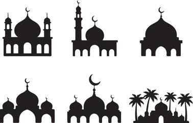 Mosque building silhouettes set with dome and minaret architecture for islamic religious holidays and cultural design