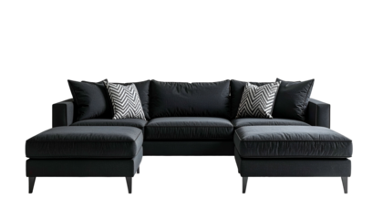 A stylish, charcoal gray sectional sofa with two chaises and decorative pillows, isolated