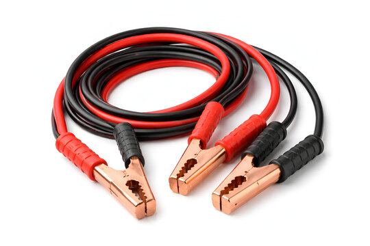 Car jumper cables for battery jump start with red and black clamps on white background