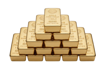 Stack of gold bullion bars. 1 kilo fine gold ingots arranged in a pyramid.