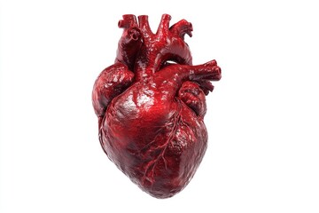 Shiny, red anatomical heart with intricate veins against a stark white background