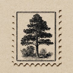 Pine tree engraving in a postage-stamp-style frame, on a beige background