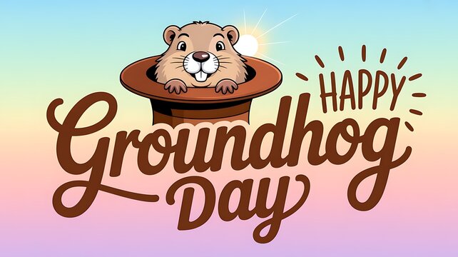 Happy Groundhog Day Card with Cute Groundhog Character Popping Out of a Top Hat