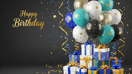 Happy birthday greeting card template featuring a vibrant cluster of star patterned balloons and stacked gift boxes against a dark celebratory backdrop