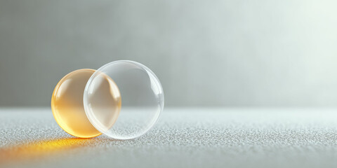 Two translucent spheres resting on textured surface with soft lighting and neutral background, showcasing minimalistic and abstract composition