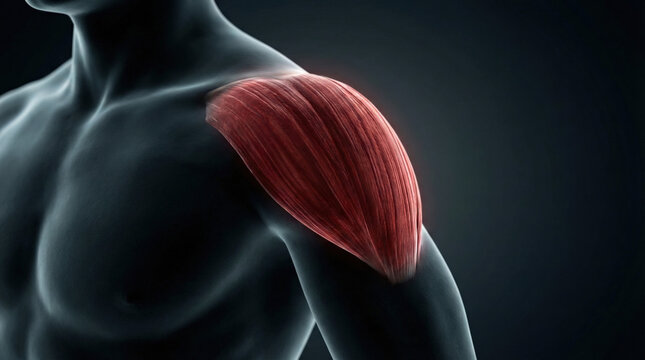 Anatomical illustration of the deltoid muscle, highlighting its structure and location on the human shoulder.