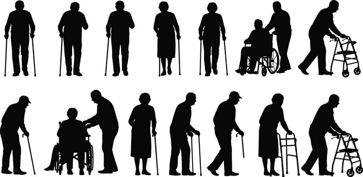 Elderly silhouettes, mobility aids, wheelchair users, senior care, aging support, healthcare concept, black icons, walking assistance, caregiver help, posture