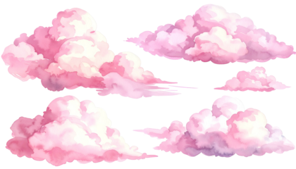 Collection of fluffy, watercolor-style pink clouds on a transparent background