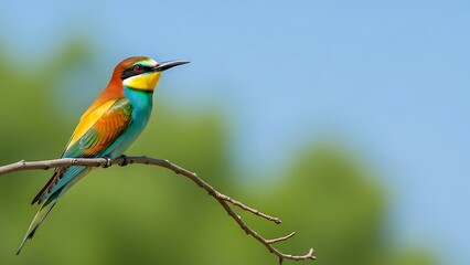 Vibrant European bee-eater perched on a slender dry branch displays breathtaking plumage colors against a soft natural background of blurred green foliage and bright blue sky on a sunny day