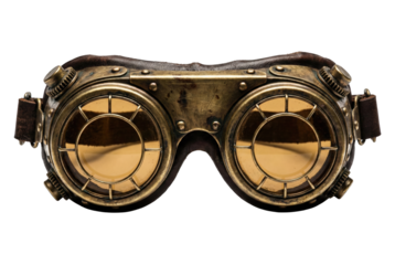Vintage steampunk goggles with brass frames. Retro industrial eyewear.