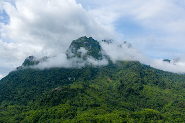 Fototapeta premium White mist drapes across dense, forested mountains in northern Laos, with vibrant green slopes rising beneath a wide, cloud-filled sky. The scene highlights the natural textures and tranquil