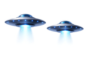 Two metallic UFO flying saucers with bright blue light beams isolated on white background