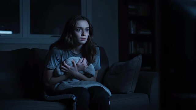 ホラー映画を見て恐怖におびえる女性（サスペンス・テレビ・パニック）