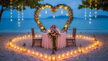 Romantic candlelit dinner setup on a secluded beach beneath a magnificent floral heart arch creating a magical evening ambiance for two.