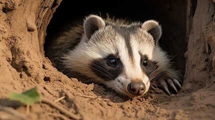 Curious Raccoon Peeking Out of a Burrow in Muddy Ground Under a Rocky Entrance