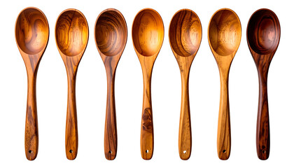 Seven wooden spoons arranged horizontally on a black background, showing varying wood grains