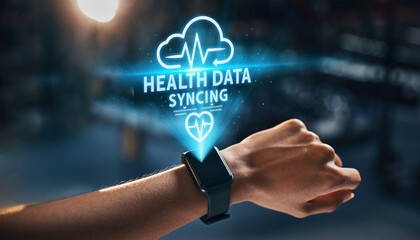 Health Data Syncing with Smartwatch, Wearable Fitness Technology for Heart Rate Monitoring, Digital Healthcare and Real Time Wellness Tracking Concept