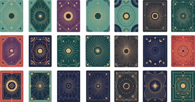 Stylized tarot card backs with celestial gold motifs&mdash;suns, moons, stars&mdash;on teal, purple, red, navy, and black backgrounds