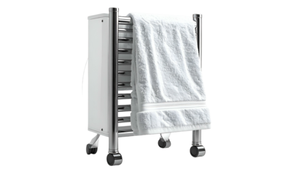 Modern, white electric towel warmer with a folded white towel. Metal frame, casters