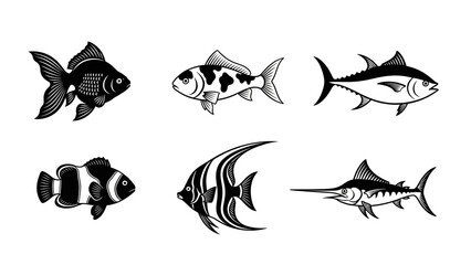 Fototapeta premium Set of black and white fish icons vector illustration collection including goldfish koi tuna clownfish angelfish and marlin sea life wildlife graphic elements for web design print and logo branding