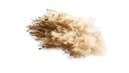 A cloud of brown dust and particles billows against a black backdrop, suggesting impact