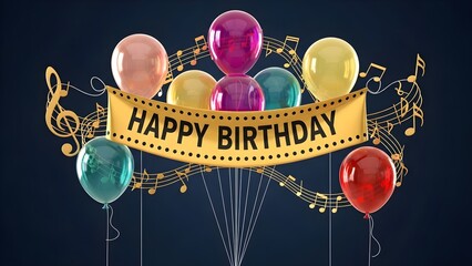 Vibrant colorful balloons frame a golden happy birthday banner surrounded by elegant musical notes against a deep blue background for celebration.