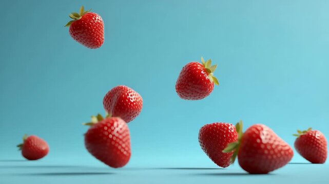 Fresh strawberry falling against blue background for healthy food concept
