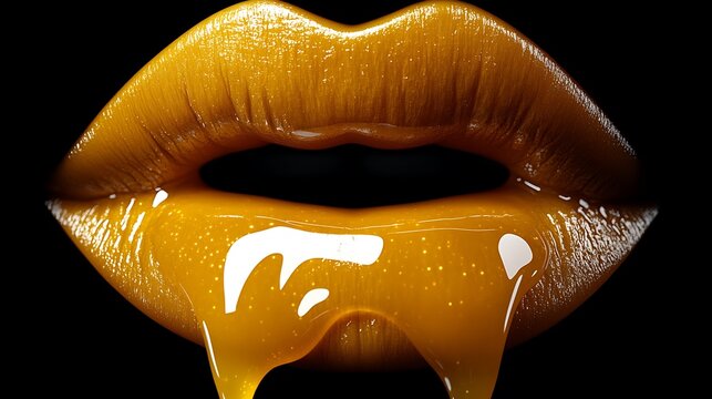 Golden liquid dripping lips.