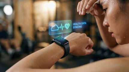 Asian Woman using Health Data Syncing with Smartwatch, Wearable Fitness Technology for Heart Rate Monitoring, Digital Healthcare and Real Time Wellness Tracking Concept