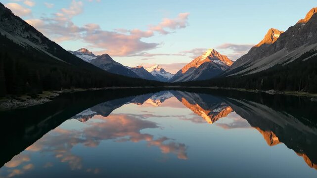 Wide aerial drone shot flying over a perfectly still mountain lake creating a mirror reflection of the pristine natural landscape and sky above mirror, travel, pristine