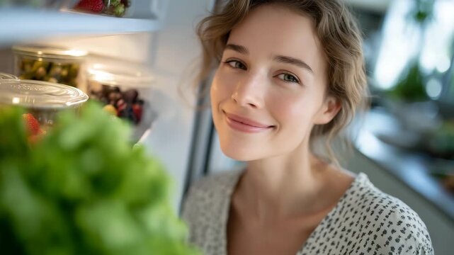 64View from refrigerator interior capturing woman opening door, full shelves of fresh greens, berries, and meal prep containers, soft daylight illuminating her face and kitchen backg