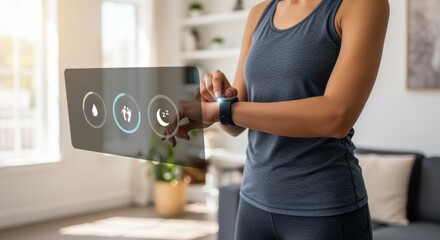 Health fitness wearable technology tracking digital monitoring concept showing a woman using a smartwatch and holographic interface to track wellness, activity, and real time health data at home.