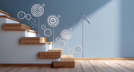 Wooden stairs meet wall with target and upward arrow drawings
