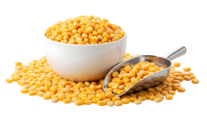 Bowl of yellow lentils with scoop isolated on transparent background