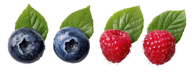 Fresh blueberries and raspberries with leaves