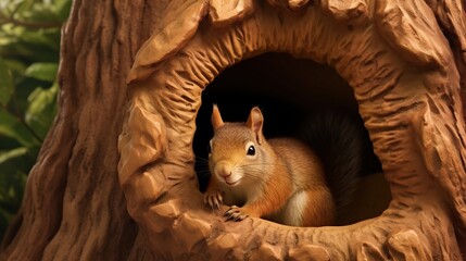 Curious Red Squirrel Peering Out from a Hollow Wooden Tree Trunk in a Forest