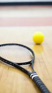 A black racket and yellow ball rest on a polished wooden court. This sports equipment awaits the start of an exciting game.