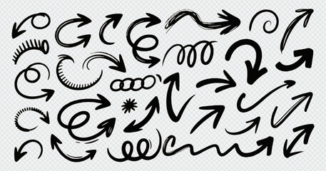 A collection of hand-drawn arrows in various styles, sizes, and directions, exhibiting a dynamic and expressive feel