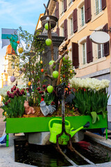 Water fountain decorated for Easter in Morges, Switzerland