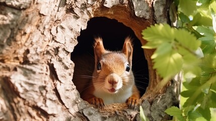 Curious Red Squirrel Peering Out From a Tree Hollow With Green Leaves Nearby