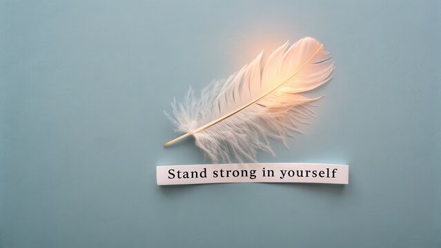 White feather glowing softly on blue background with message - Powered by Adobe