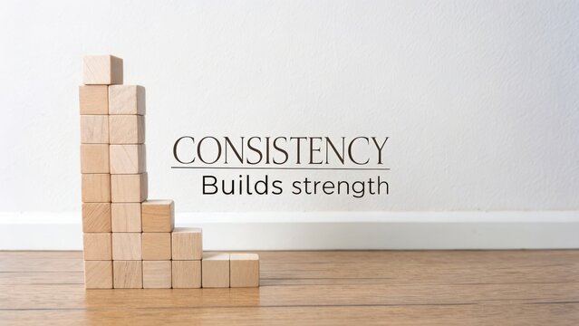 Wooden cube tower ascending a step design with consistency message